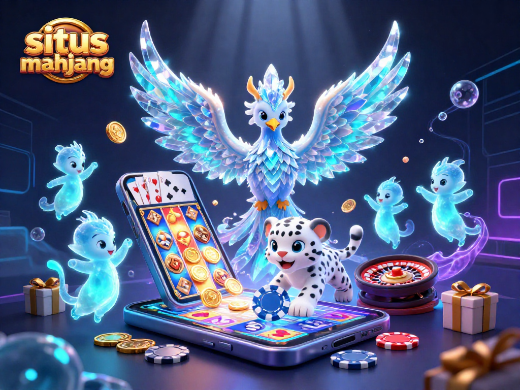Situs mahjong illustration showcases an engaging scene with an ice phoenix and playful elements in casino-themed graphics.