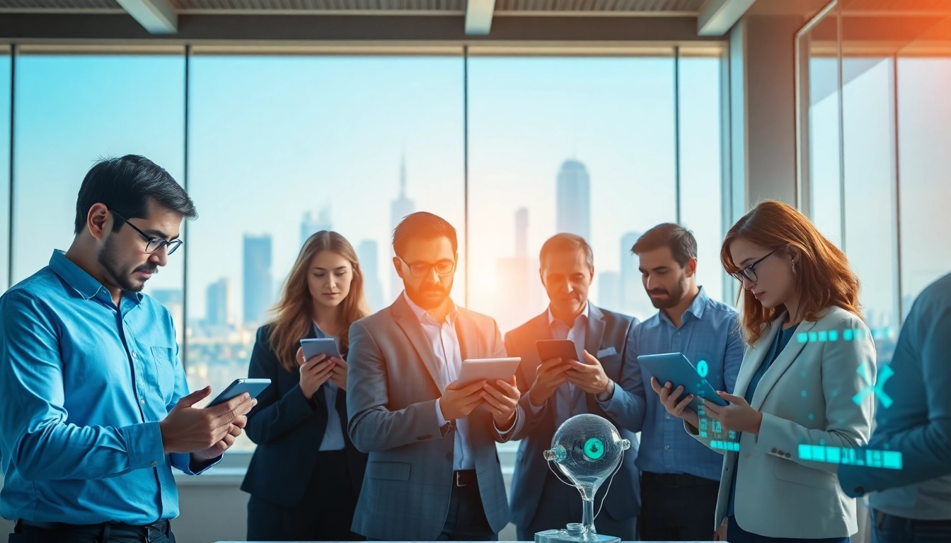 AI agents collaborating in a modern workspace with diverse digital tools and dynamic interactions.
