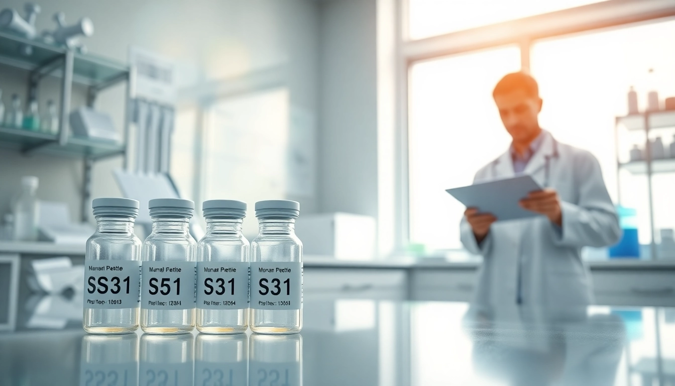 Shop for ss-31 peptide online in a modern laboratory setting featuring vials and a research scientist.