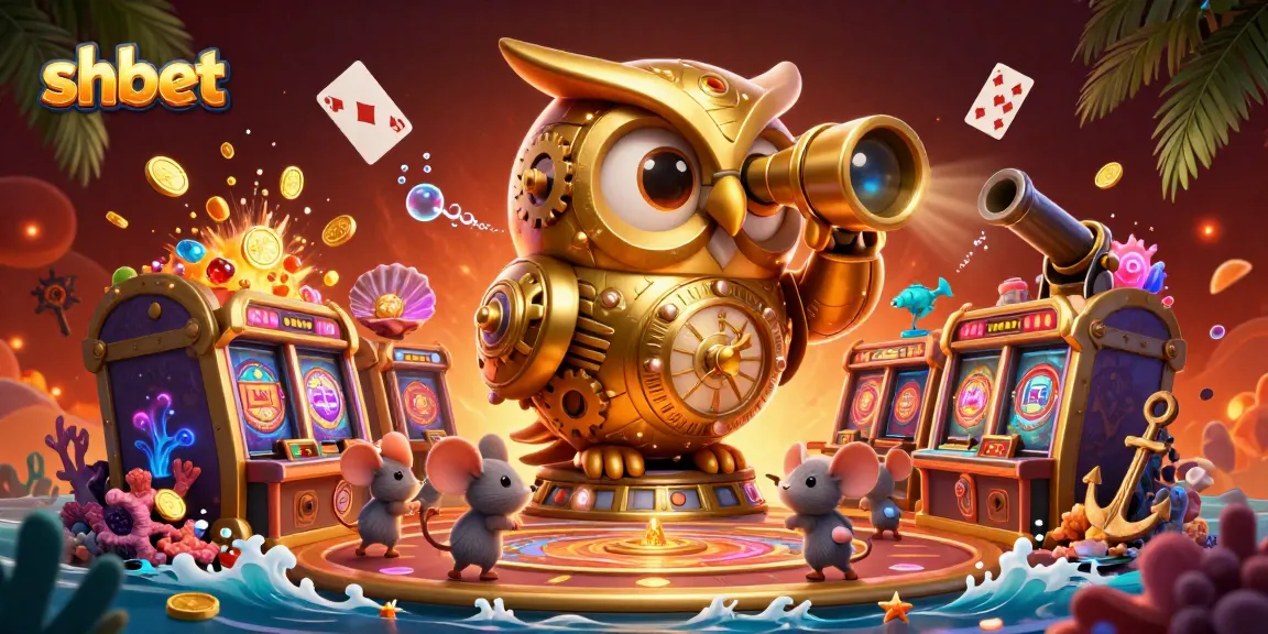 Experience shbet's thrilling casino world with a golden owl and whimsical mice among vibrant slot machines.