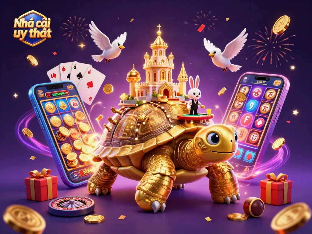 Engage with the thrilling world of Nhà cái uy tín with vibrant casino elements featuring a tortoise palace and a rabbit dealer.