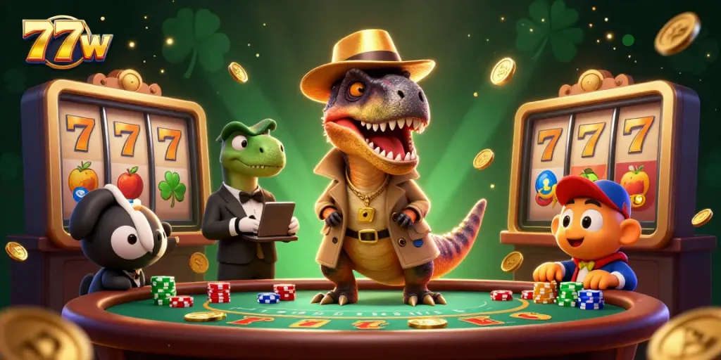 Experience thrilling wins with 77w at a lively blackjack scene featuring a velociraptor card counter.