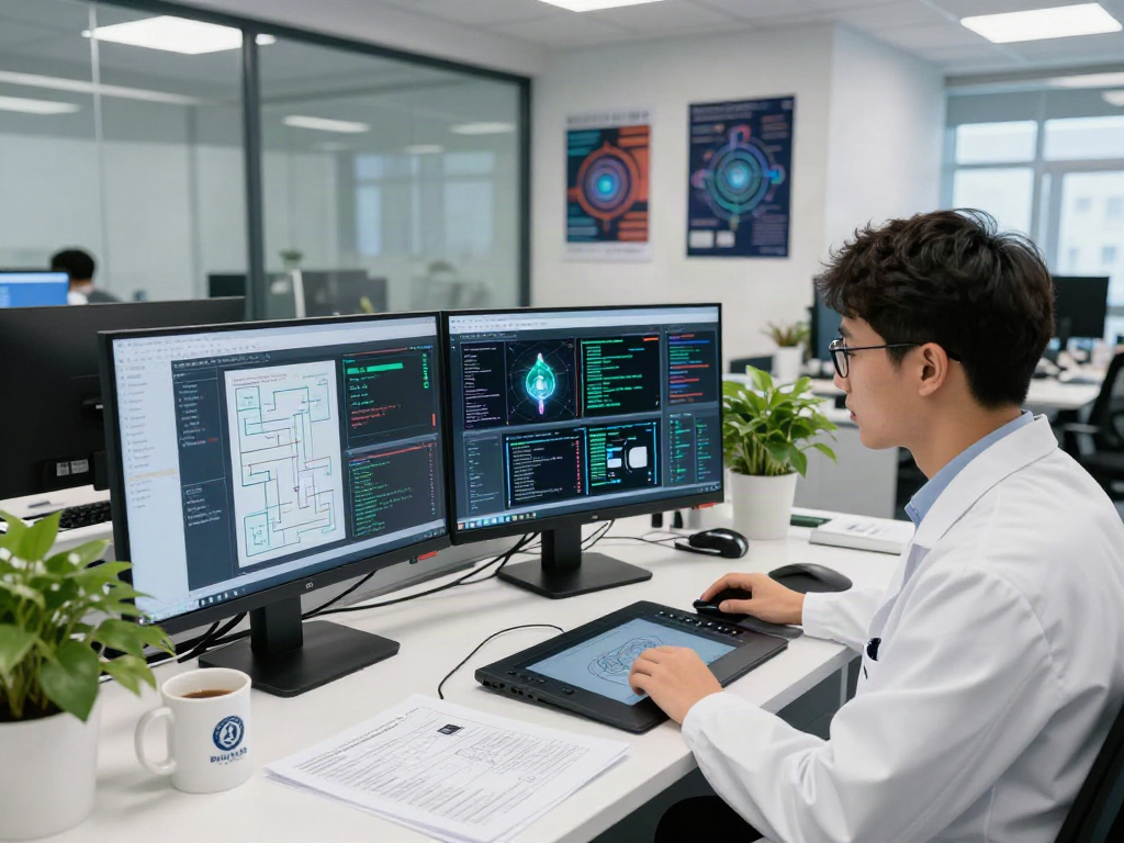 AI Image Detection lab scene with data scientist analyzing visuals and metrics in a modern workspace.