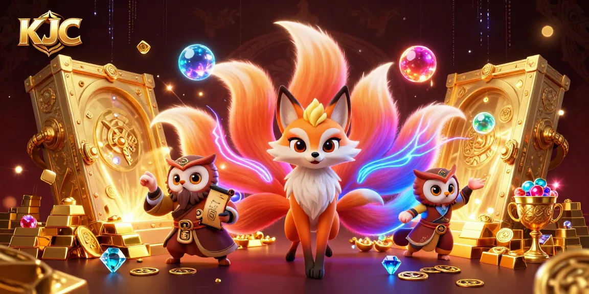 Engage with KJC's vibrant gaming universe featuring glowing nine-tailed fox and treasures.