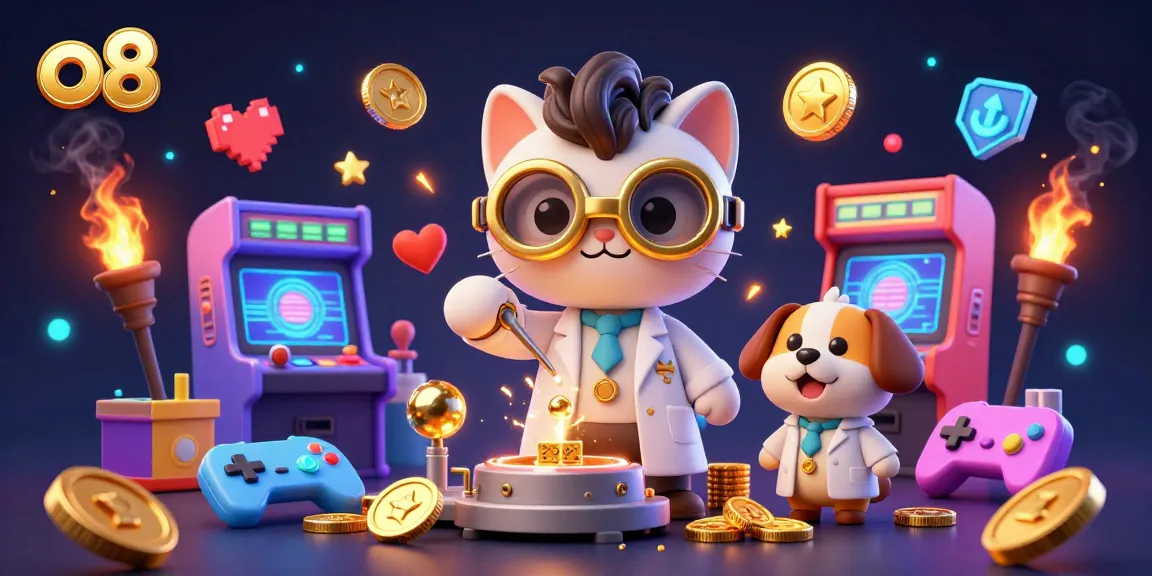 Explore the vibrant gaming world of o8 with a scientist cat creating gold coins and arcade games.