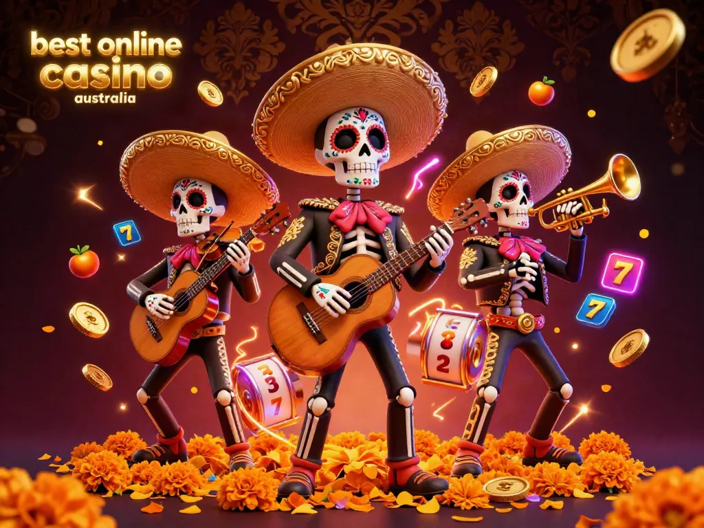 Experience the excitement at the best online casino australia with vibrant mariachi skeletons and dynamic slot game elements.
