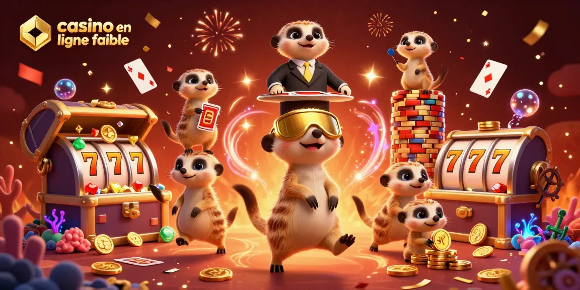 Illustration d'une opération de casino animée par des suricates, jouant avec des éléments de casino en ligne fiable.