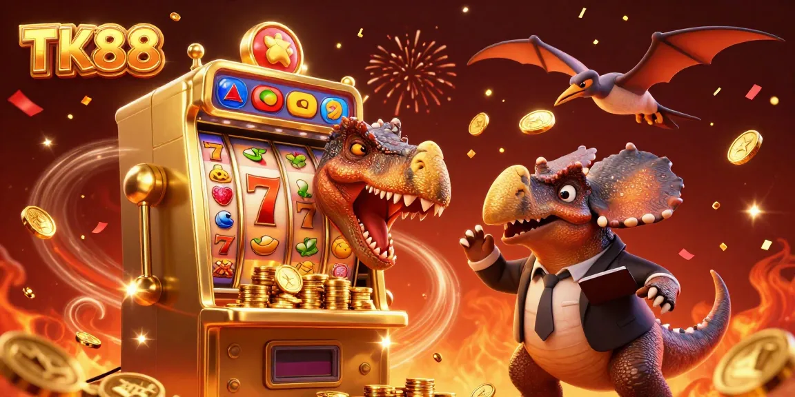 TK88 characters celebrate a jackpot win at a vibrant slot machine in a dynamic casino scene.