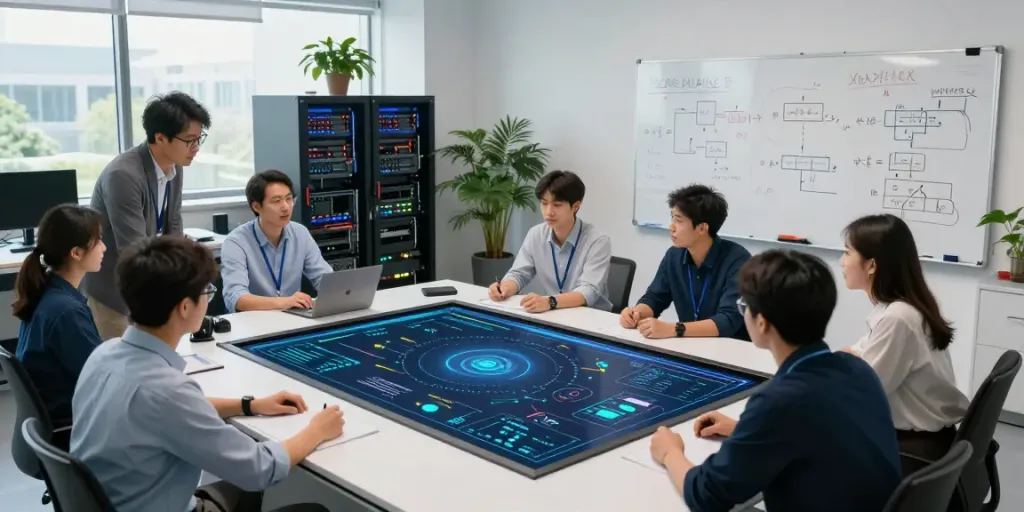 AI inference discussion in a modern technology lab with engineers collaborating.