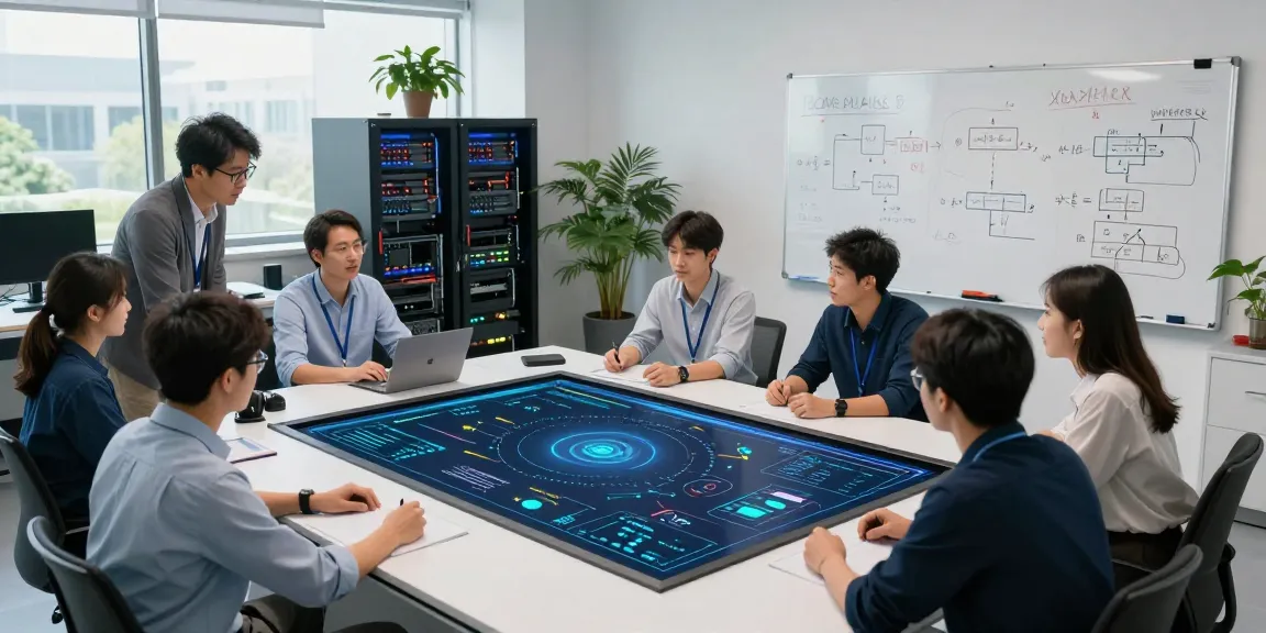 AI inference discussion in a modern technology lab with engineers collaborating.