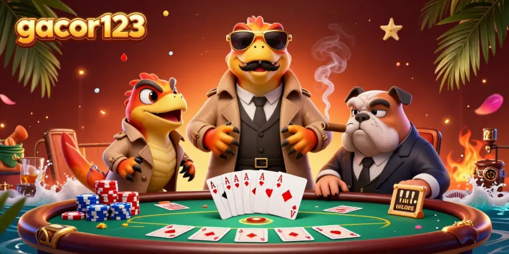 Experience thrilling wins at gacor123 with animated raptors in a trendy casino lounge scene.