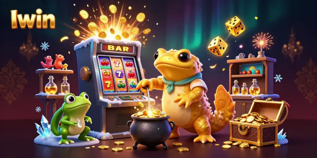 Iwin features a vibrant 3D illustration showing a golden salamander alchemist surrounded by casino game elements.