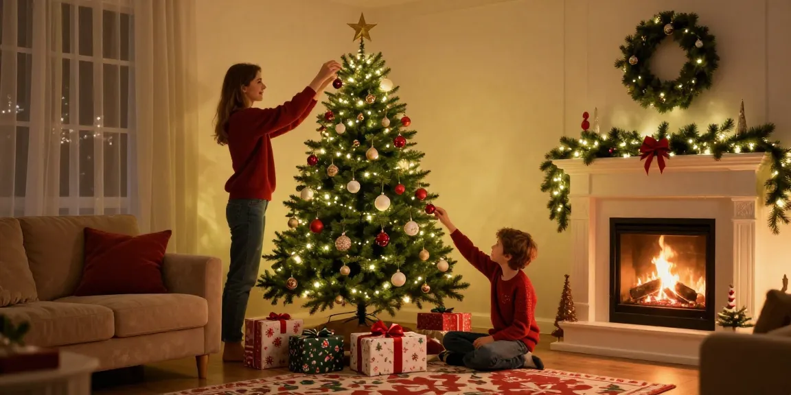A beautifully decorated skinny Christmas tree in a cozy living room during the holidays
