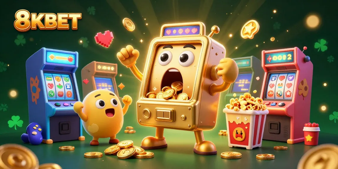 Join the excitement with 8KBET as the golden slot machine hits a jackpot, coins erupting in celebration!