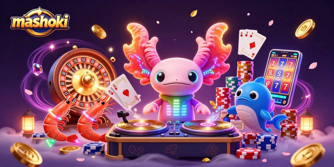 Experience mashoki's vibrant casino universe with a DJ axolotl and dancing shrimp.