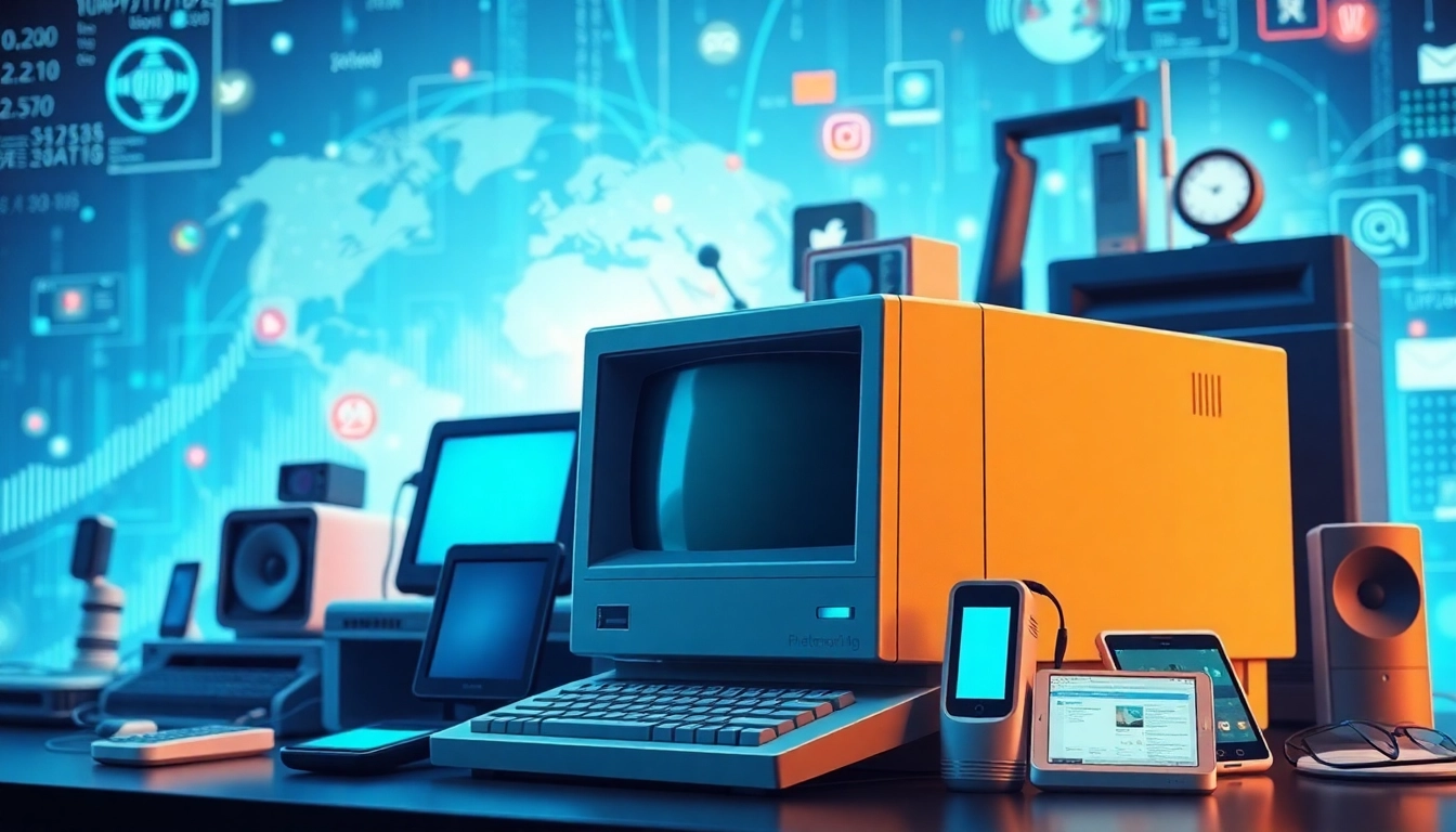 Examine how internet history shaped modern technology with a vibrant digital collage.
