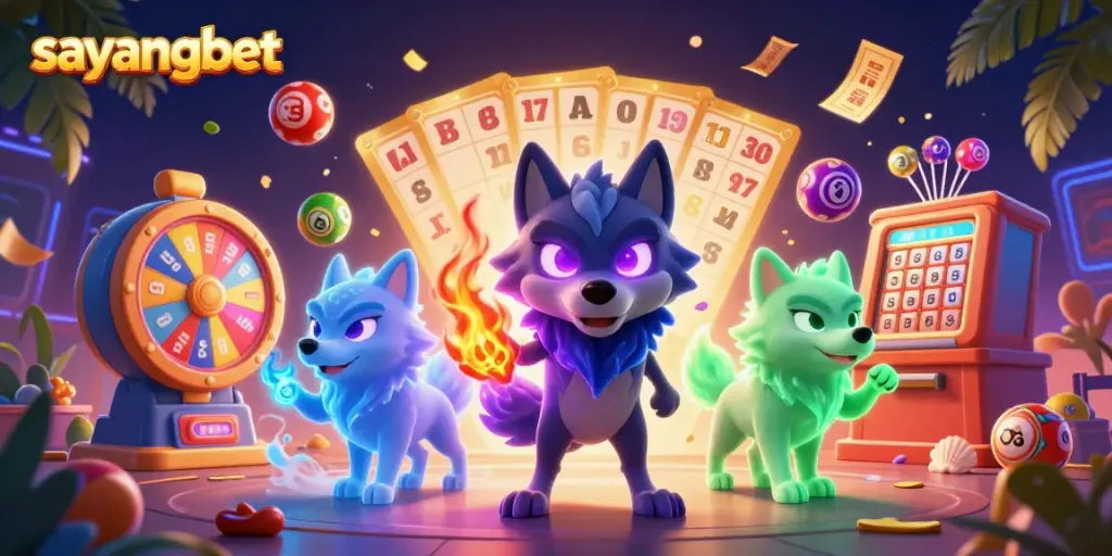 Experience the excitement of sayangbet with glowing wolves and dynamic lottery elements in a vibrant casino scene.