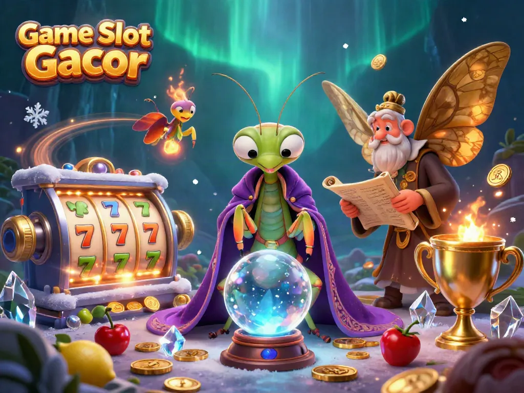 Game Slot Gacor menampilkan keberuntungan dengan slot reel dan karakter dramatis dalam ilustrasi 3D.
