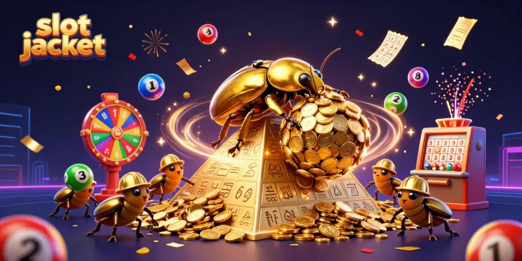 Experience massive slot jackpots in a vibrant casino illustration with creative beetle characters.