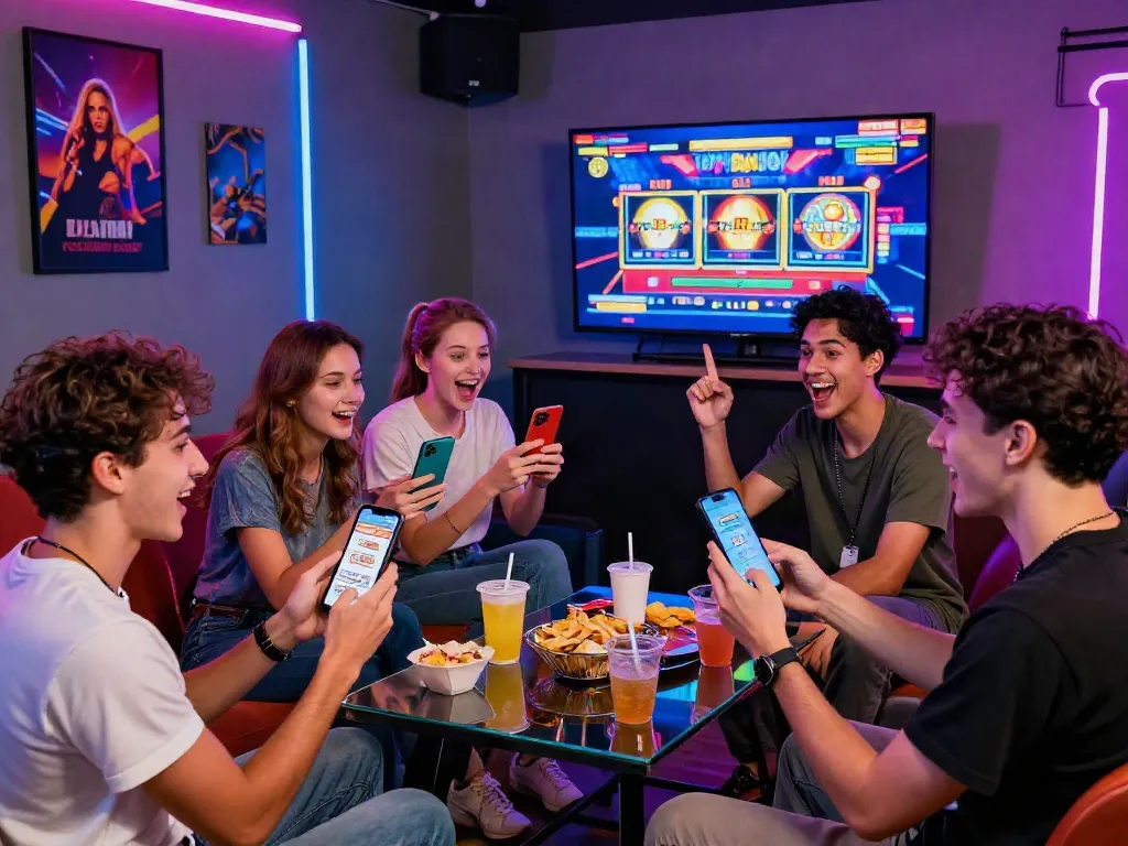 Friends enjoying a lively gaming session with slot gacor apps in a vibrant lounge.