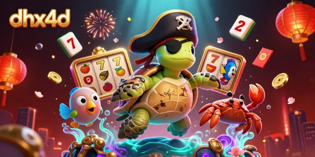 Gambarlah dhx4d yang menarik perhatian pemain dengan slot reel dan simbol keberuntungan.