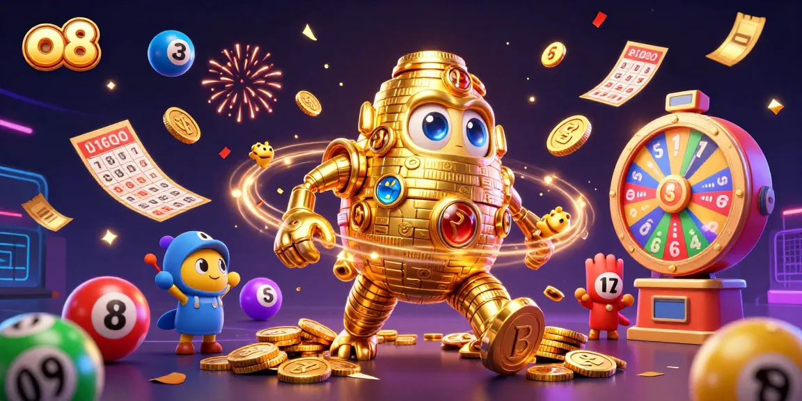 Experience thrilling gaming with O8, showcasing a dynamic scene of a golden golem amid colorful lottery balls and exciting prizes.