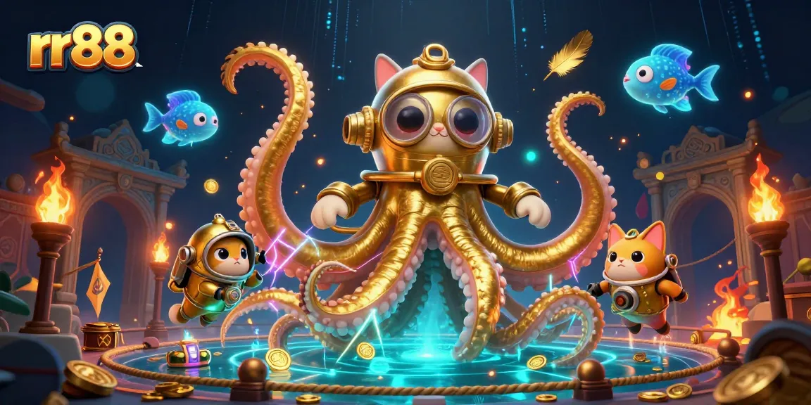 Engage with the rr88 casino experience featuring a kraken and diving cat in a vibrant gaming scene.