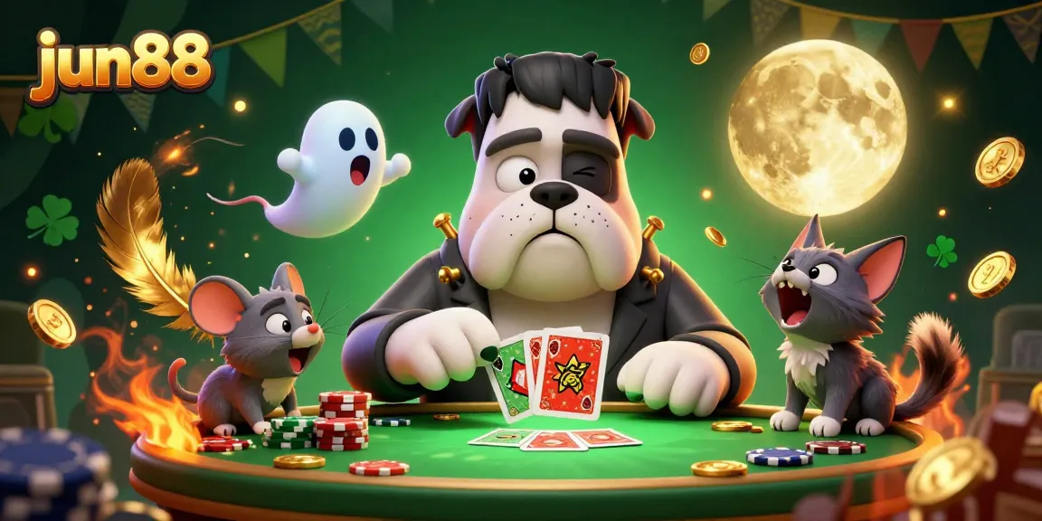Join the fun at jun88, with a spooky casino scene featuring a bulldog monster and a floating ghost mouse!