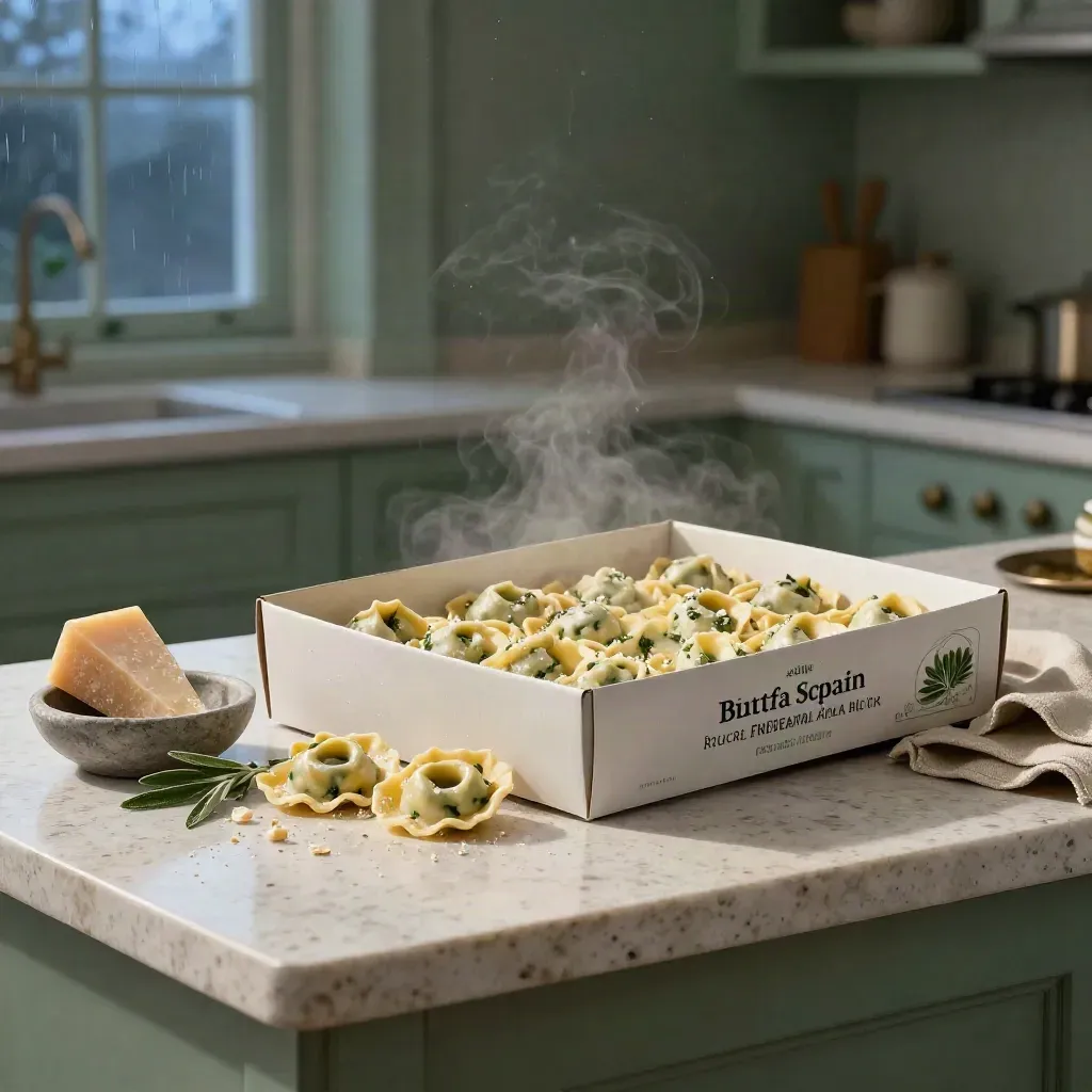Unbranded tortellone box with fresh pasta, stone bowl, sage sprigs and parmesan on travertine.