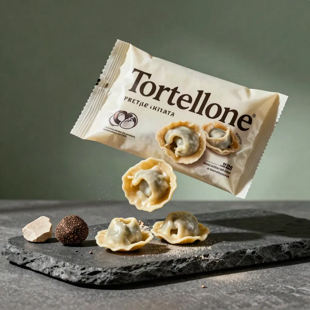 Unbranded truffle ricotta tortellone pack with pasta, truffle cap and stone shard.