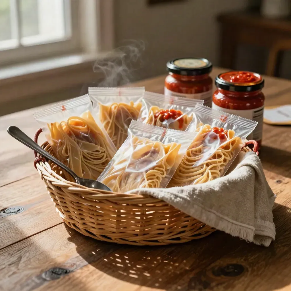 Wicker basket of filled pasta packs and sauce jars on a rustic oak table with soft steam