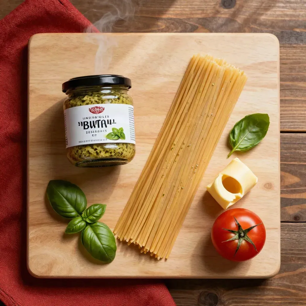 Overhead pesto butter sauce kit with pasta, basil, butter curl on pale wood.