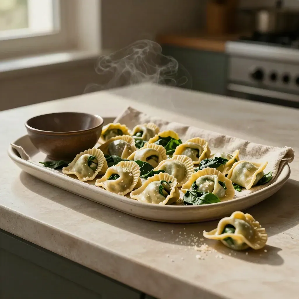 Spinach tortellone on linen-lined ceramic plate with bowl, wilted spinach and soft steam on plaster