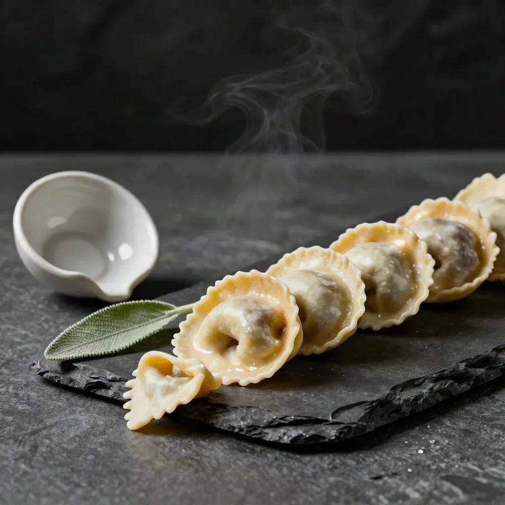Unbranded tortellone pack with sage, pasta and a chipped saucer on dark stone.