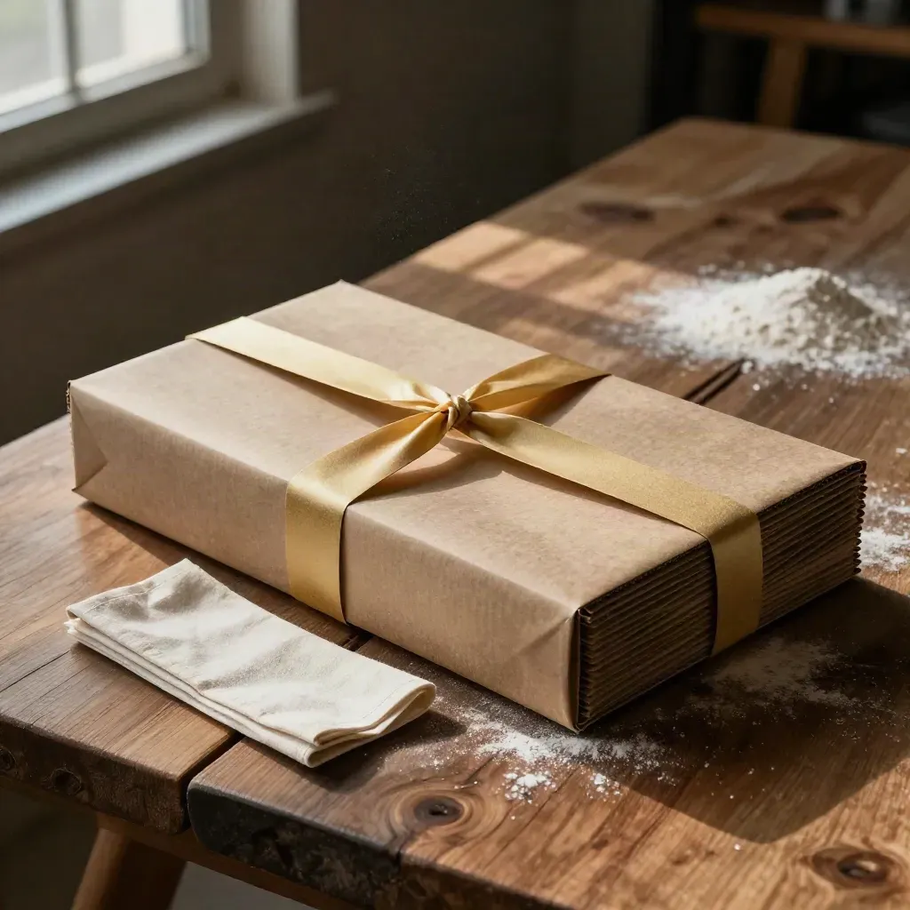 Overhead wholesale pasta case on raw wood with kraft wrap, cloth marker, flour dust and gold accent.