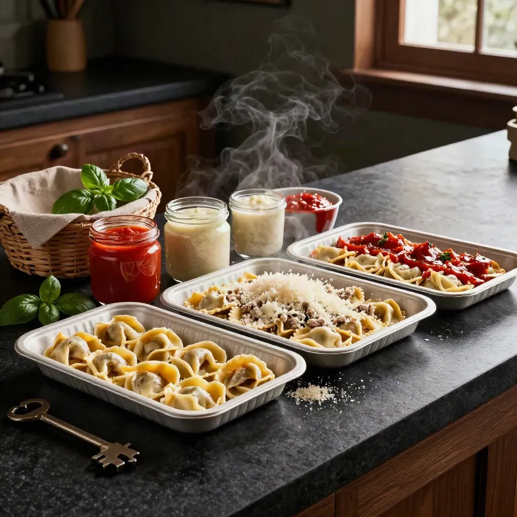 Diagonally arranged pasta bundle with trays, sauce jars, basil, and parmesan on dark stone.