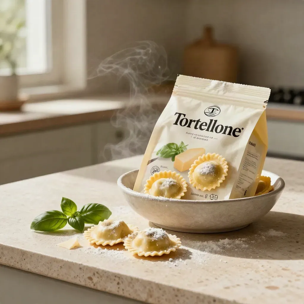 Three cheese ravioli pack with loose pasta, cheese shavings, and basil on pale stone.