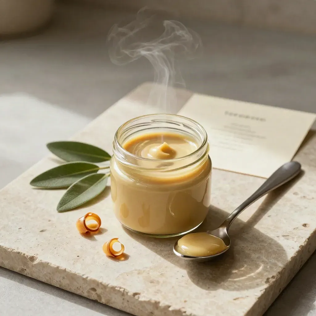 Overhead flatlay of opened sage brown butter sauce jar, spoon, sage leaves, and browned butter curls