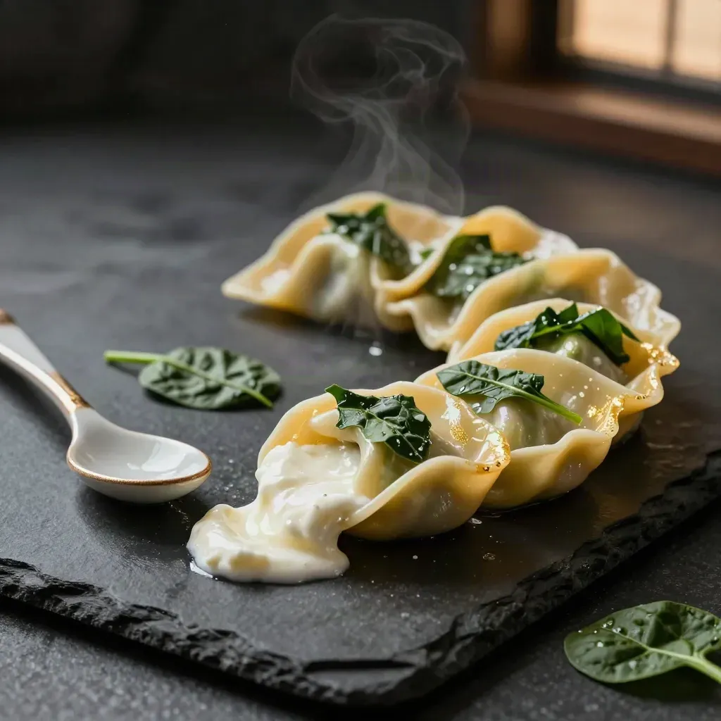 Spinach ricotta tortellone tray on dark slate with spoon, spinach, steam and gold highlights