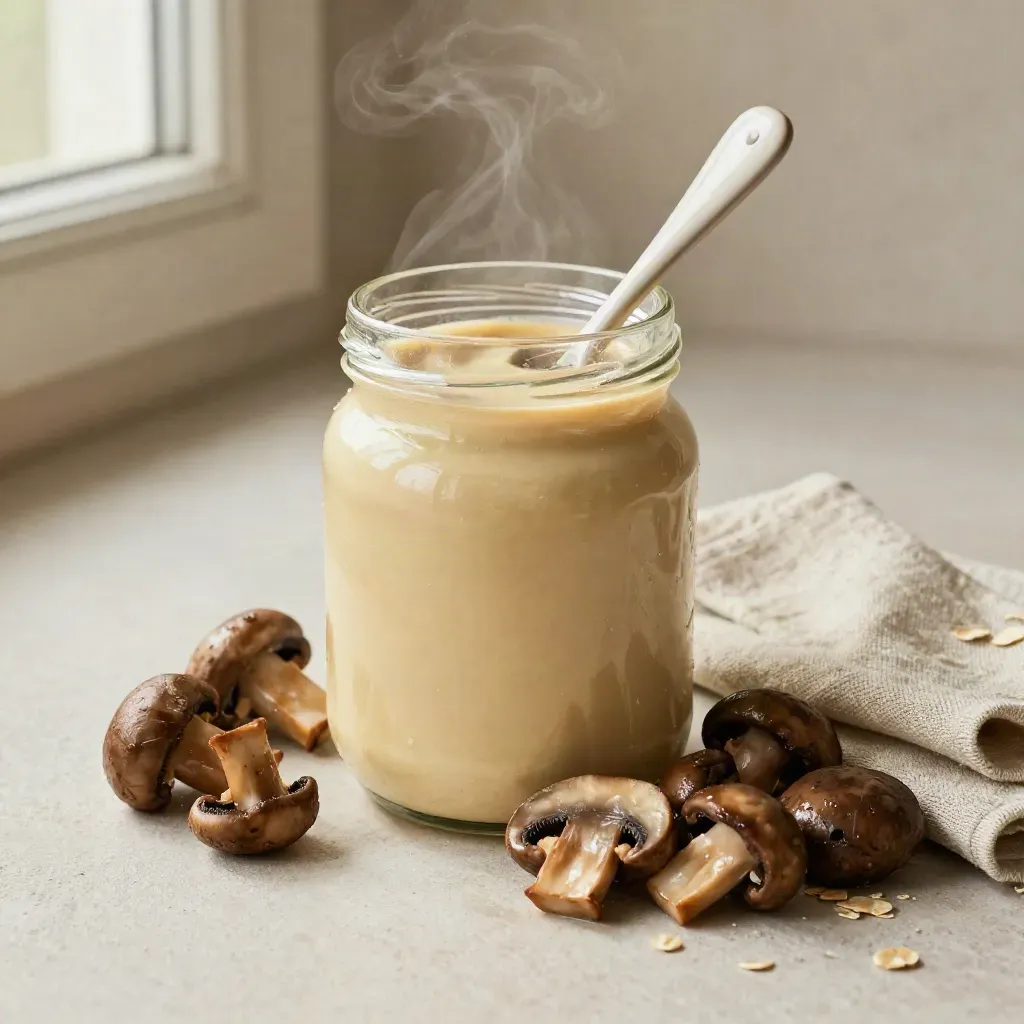 Unbranded mushroom cream sauce jar with sautéed mushrooms, spoon, linen towel, soft steam.
