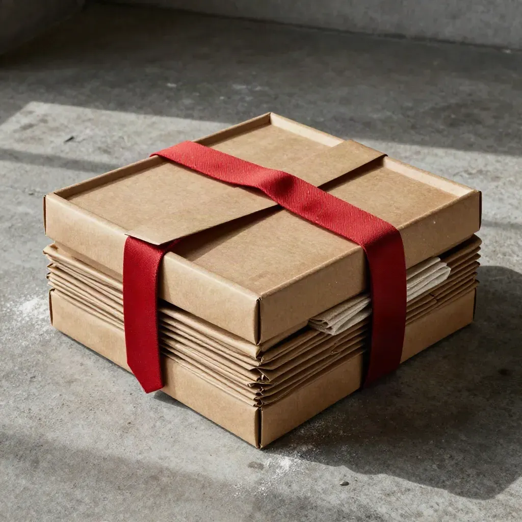 Overhead flatlay of a kraft-wrapped chef tray case with a folded cloth on concrete.