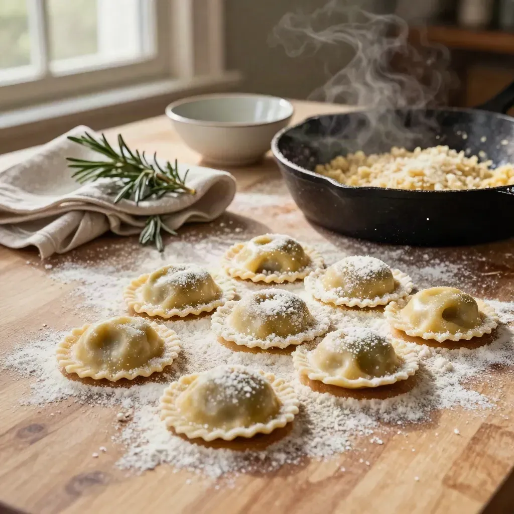 Meat ravioli on a butcher-block prep surface with linen towel, herbs, and a cast-iron pan edge.