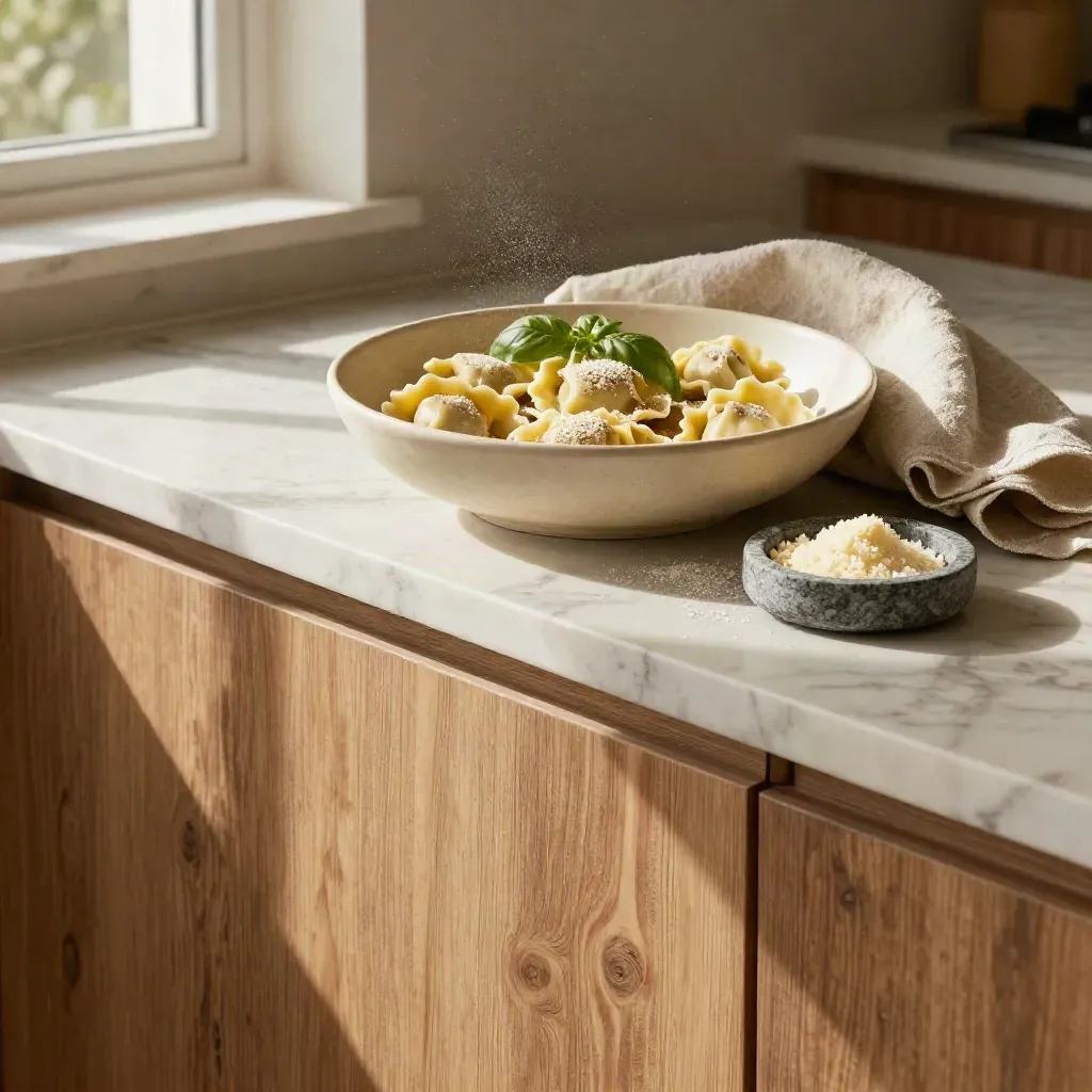 Fresh tortellone in a ceramic bowl on a sunlit marble and walnut counter