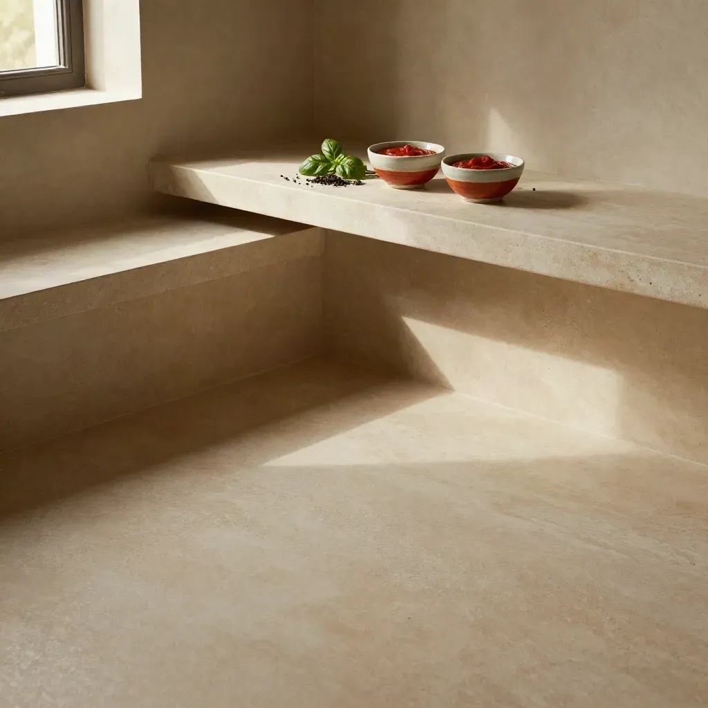 Stone shelf nook with bowls and herbs in late sun, calm space for sauce pairings copy