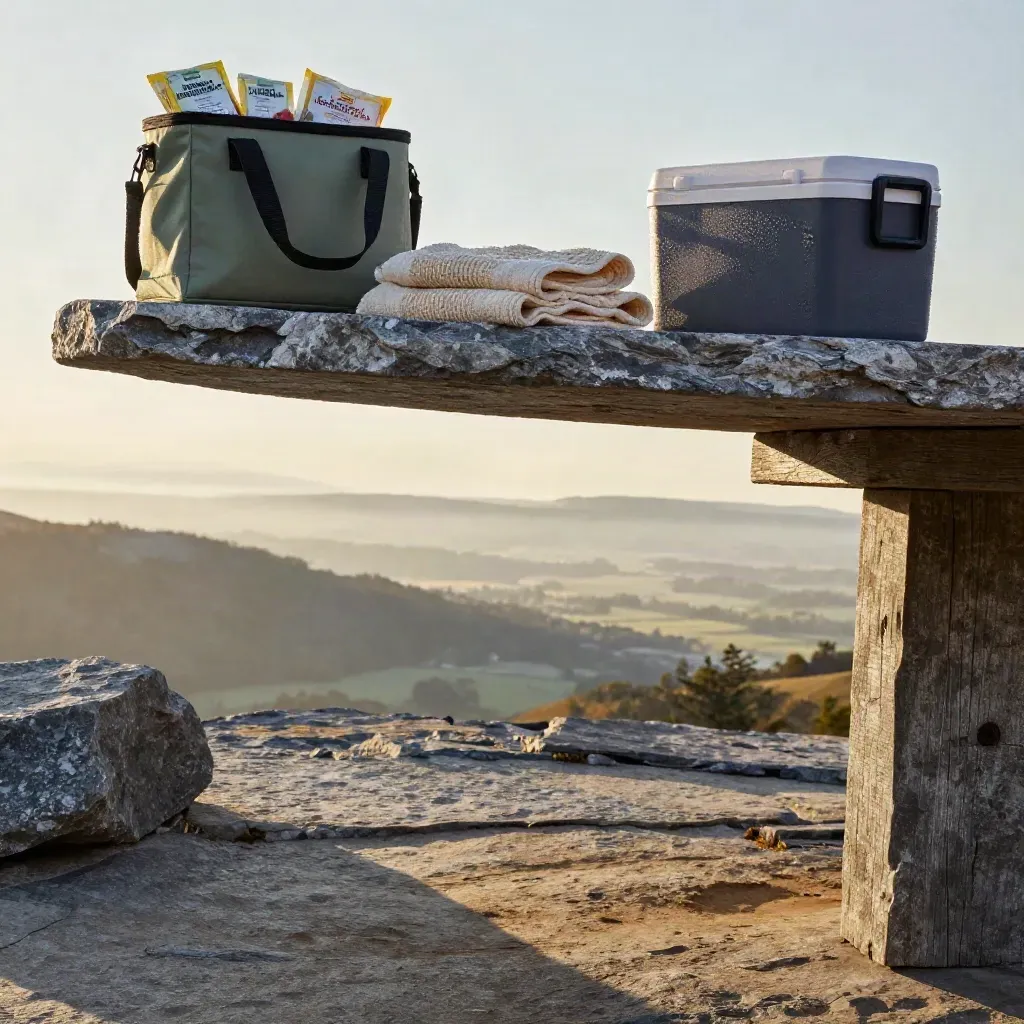 Hilltop picnic setup with insulated meal packs and a blanket in golden mist.