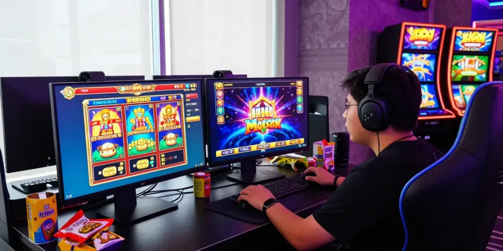 Explore slot gacor hari ini with a player immersed in colorful demo games on a vibrant gaming setup.