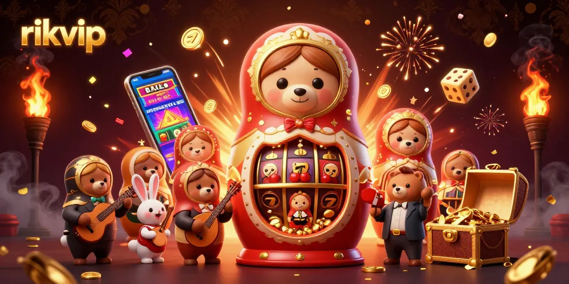 rikvip showcases vibrant 3D casino art with a Matryoshka bear and dynamic game elements.