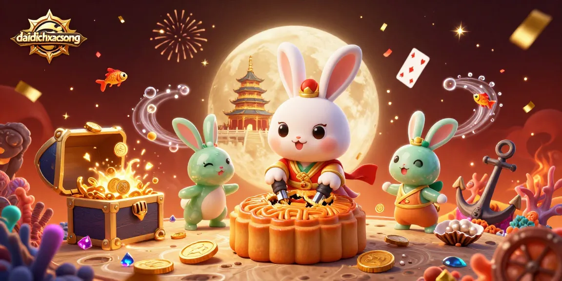 Engage in thrilling gaming with daidichxacsong as moon rabbits reveal poker chips from golden mooncakes.