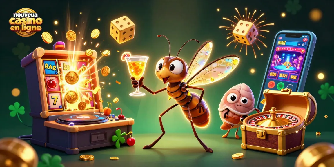 Illustration dynamique du nouveau casino en ligne avec un moustique mascotte et un DJ trilobite dans un décor de jeu.