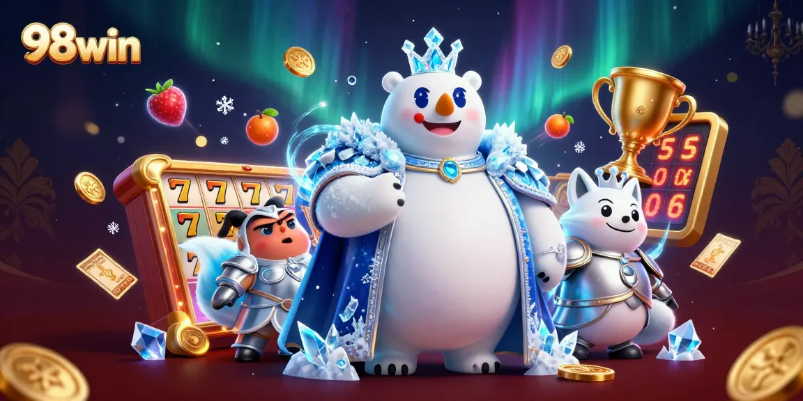 Engage with exciting jackpot games at 98win, featuring a dynamic scene of ice king and snow fox amidst vibrant casino elements.